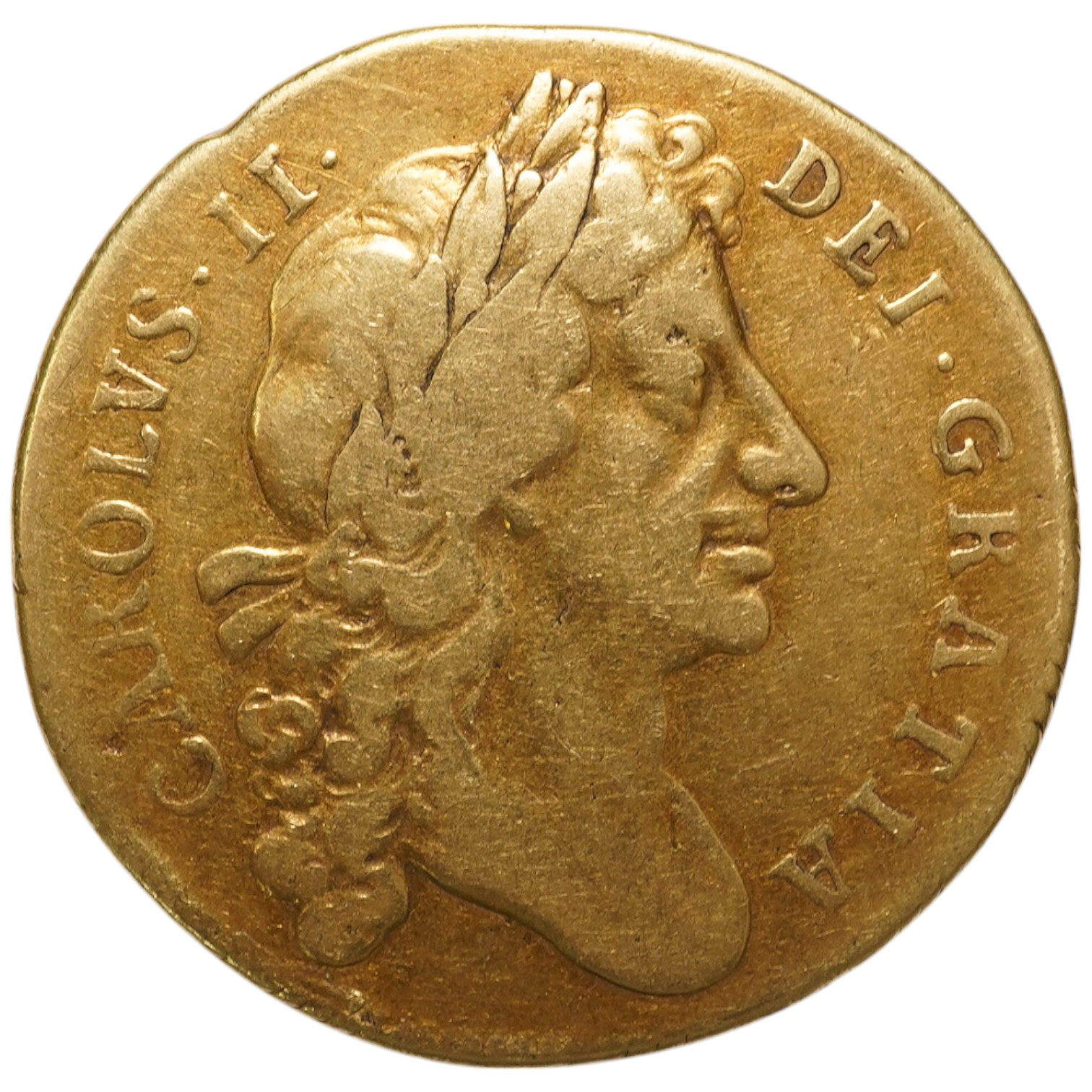 British gold coins, Charles II gold two guineas, 1677, S.3335, edge nicks and wear otherwise fine